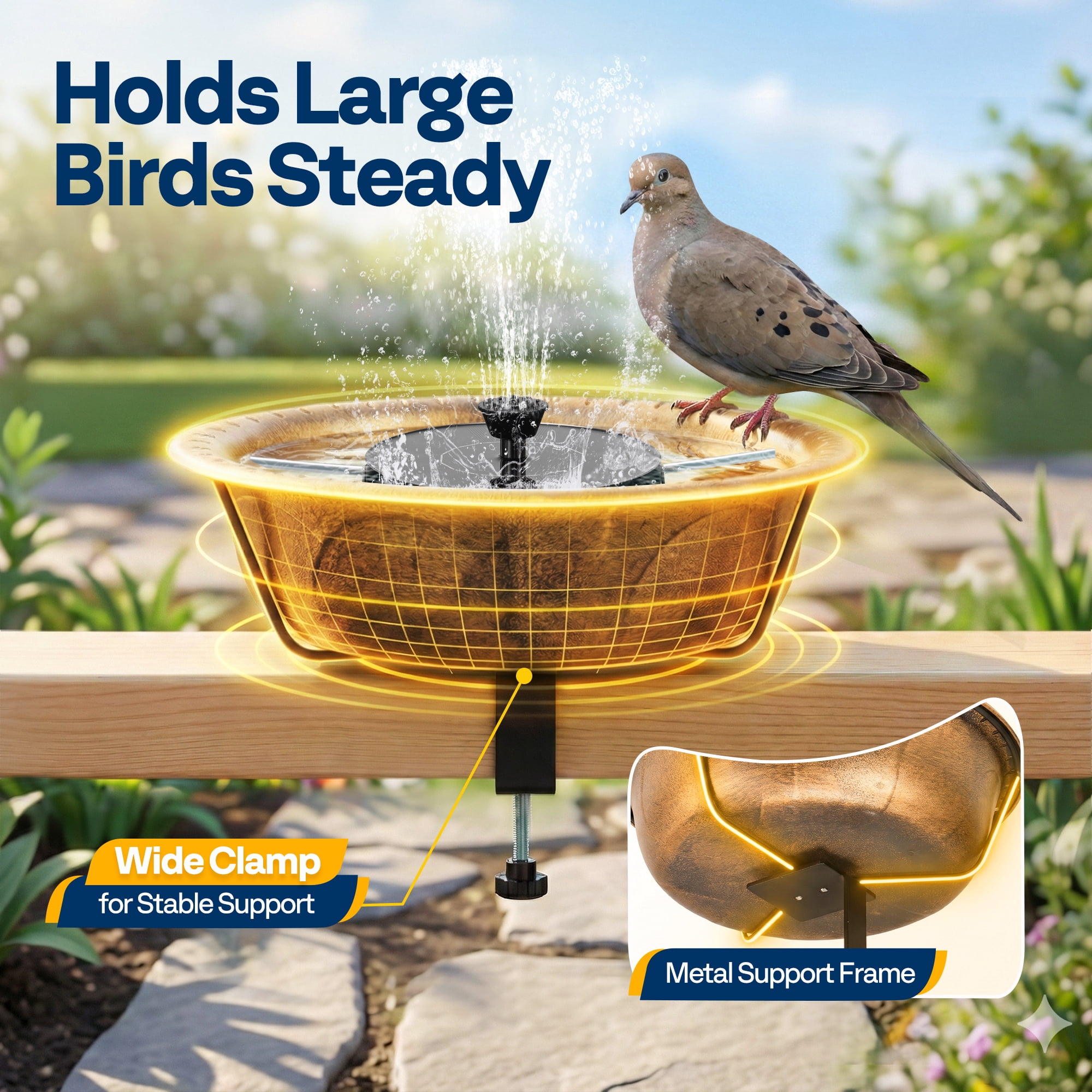 SPECSTAR Deck Mounted Bird Bath with Solar Fountain, Outdoor ABS Birdbath Bowl with Adjustable Metal Clamp, Solar Powered Pump for Railing, Fence, Balcony, 1.45 Gallons, Copper