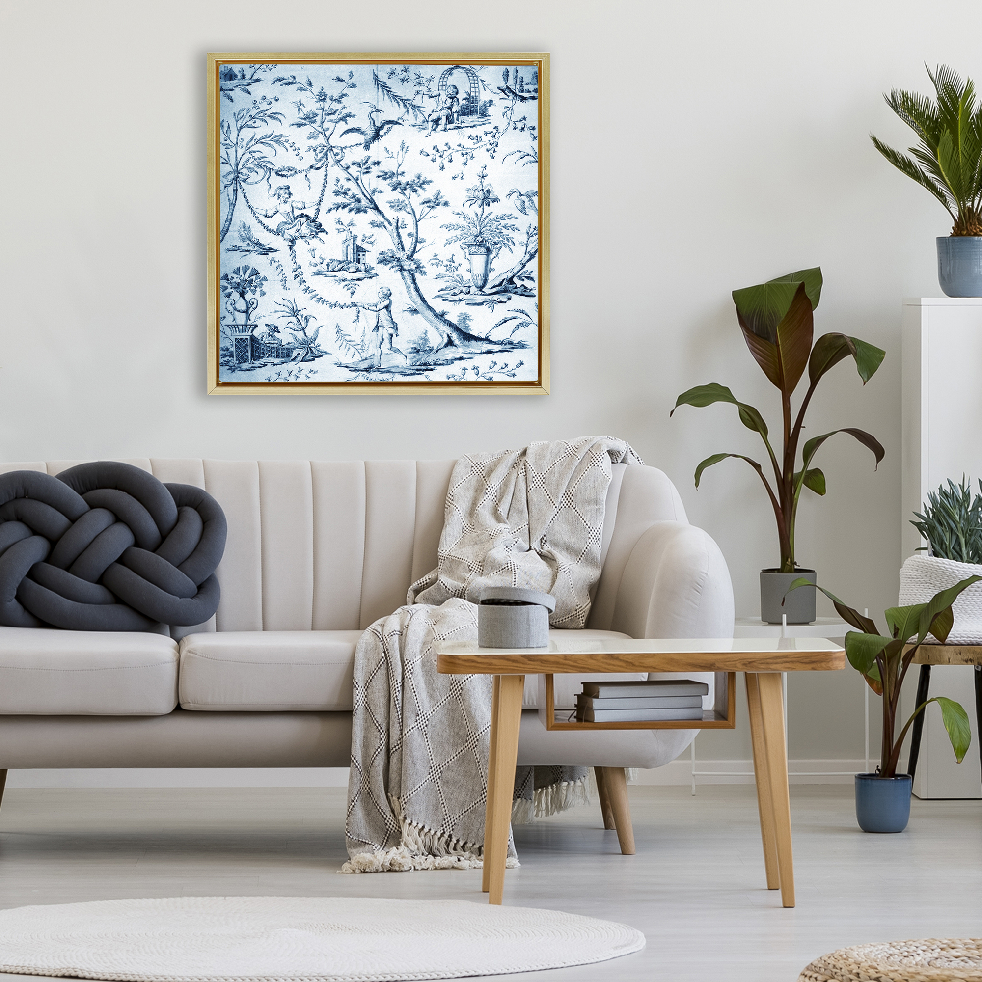 Vintage Toile Scene Gold Framed Floater Canvas Wall Art, design by Vintage Hustle