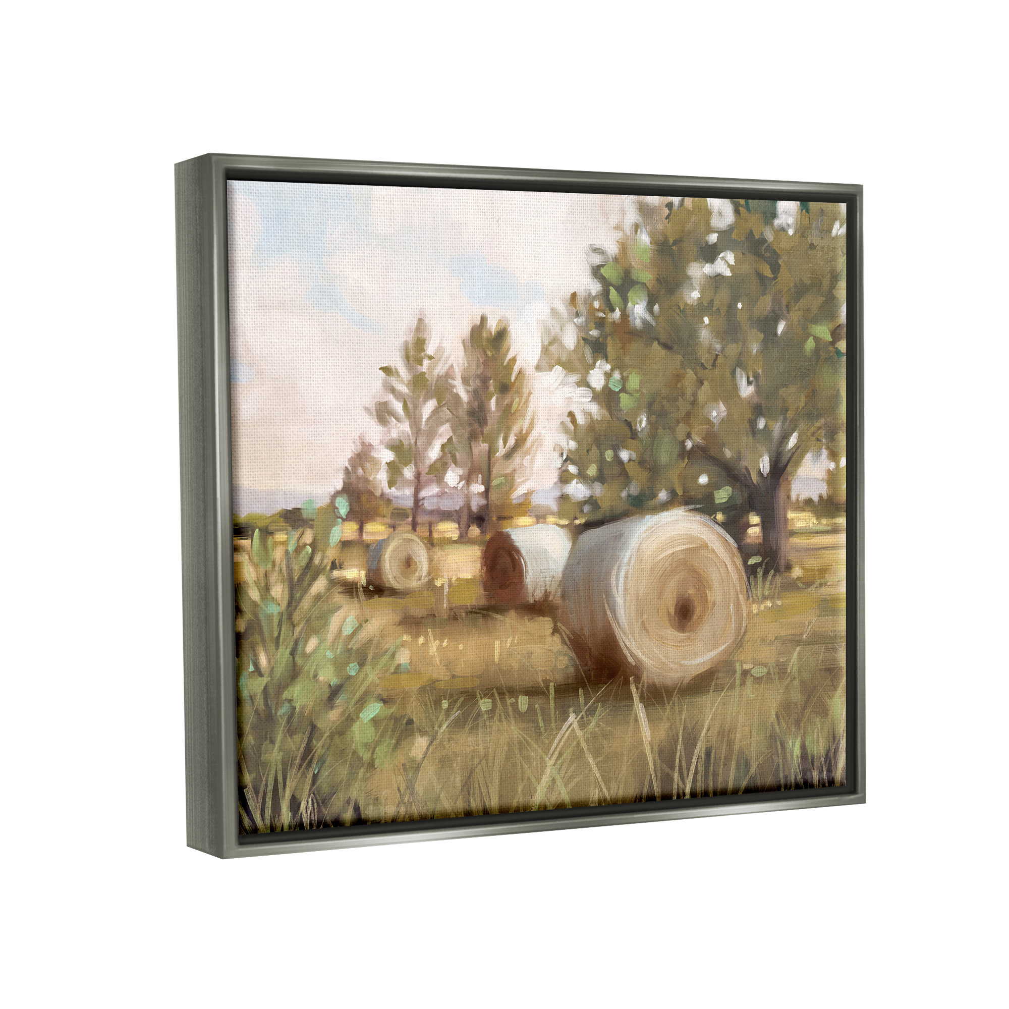 Stupell Industries Rural Hay Bales Farm Landscape Landscape Painting Gray Floater Framed Art Print Wall Art
