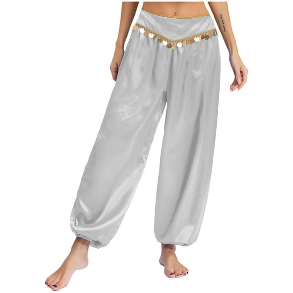 iiniim Women's Sequin Trim Bellly Dance Elastic Waistband Harem Pants India Dance Trousers White XL