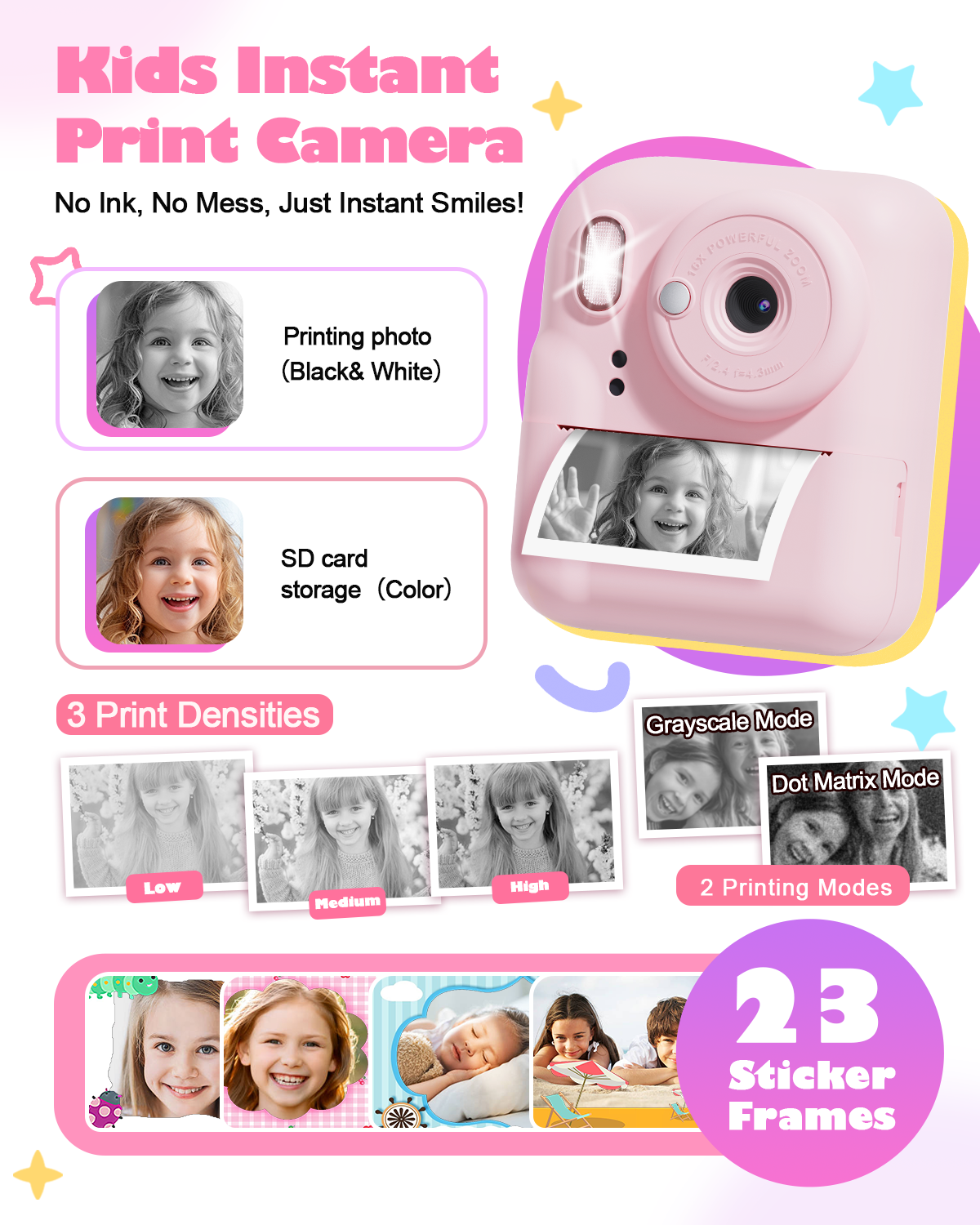 Seckton Dual-Lens Kids Instant Print Camera 1080P Pink photo 4
