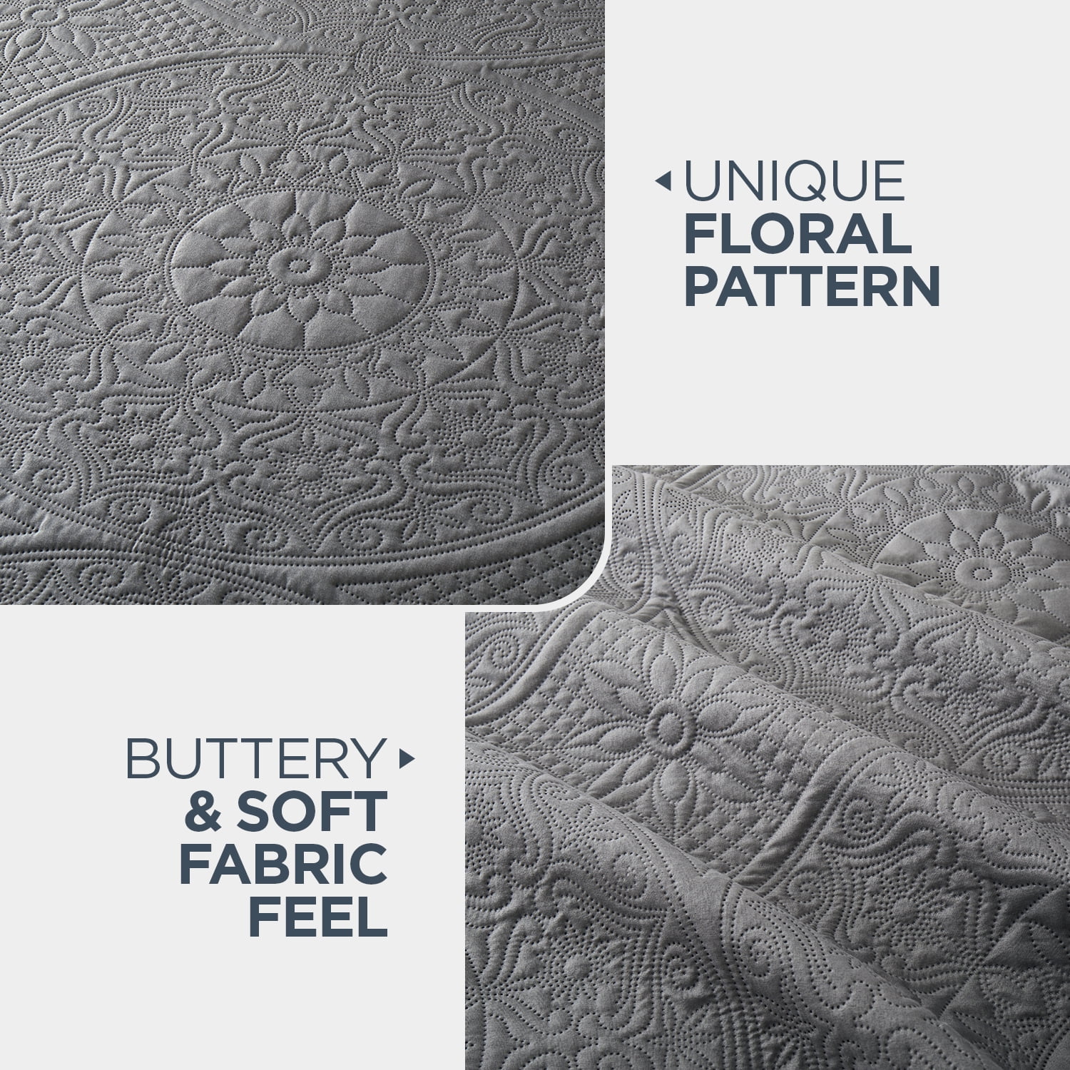 Moonlight20015 3 Piece Quilt Set Lightweight Microfiber Bedspread Modern Floral Embossing Gray Queen