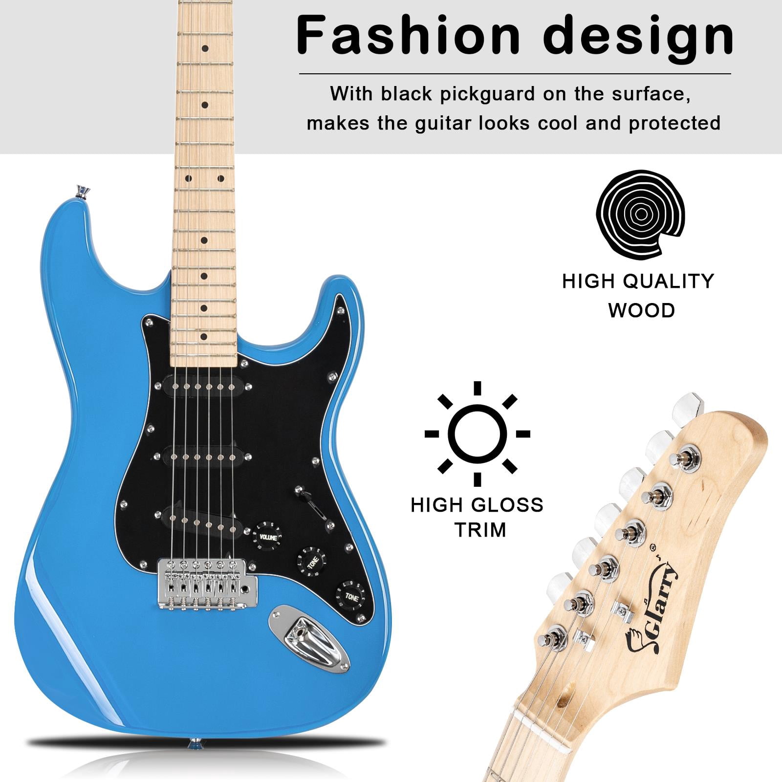 Glarry Beginner Electric Guitar Kit for Starter with 20Watt Amplifier,Bag,Strap,Plectrum,Spanner Tool,Wire,Tremolo Bar,Sky/Bright Blue