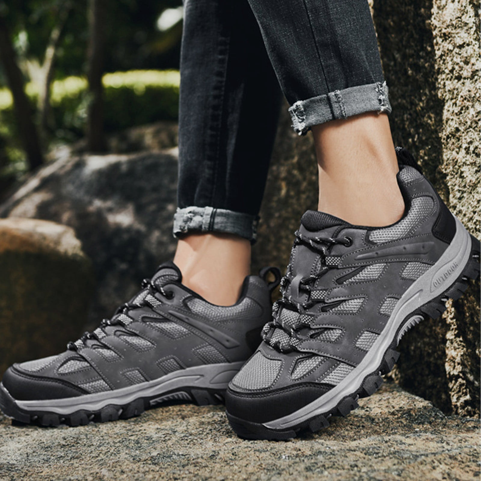 XIMIN Men's Waterproof Non-Slip Hiking Shoes Leather Low-Top Trail Running Sneakers Breathable Lightweight Mesh Travel Shoes Outdoor Trekking Boots (12, Grey)