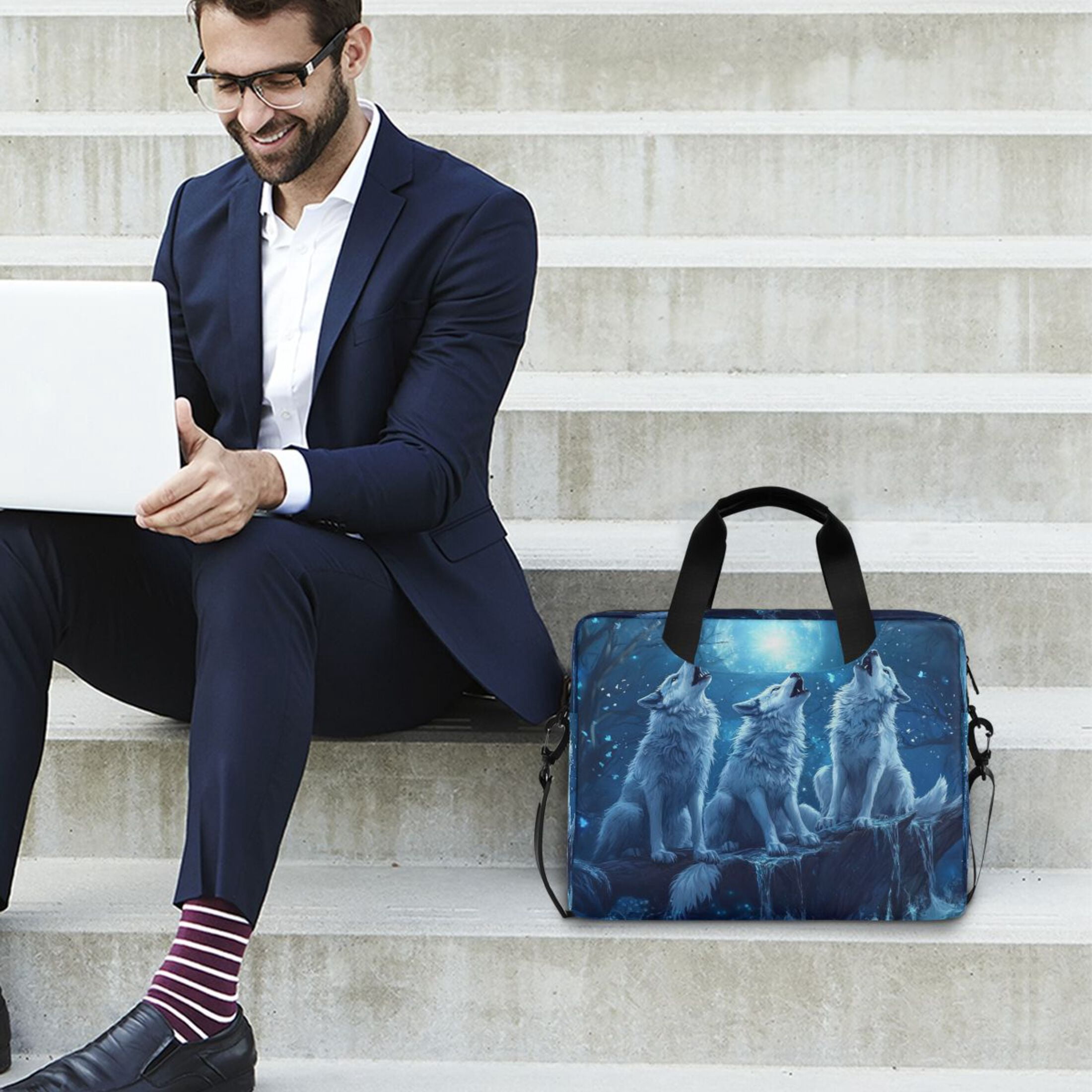 16" Laptop Tote Bag Laptop Sleeve Case Computer Briefcase for Work & Travel Three Blue Wolves