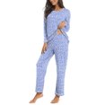 thumbnail image 2 of Conjunto de pijama de poliéster para mujer, informal, con estampado de cuello redondo, manga larga y pantalón largo, 2 of 8