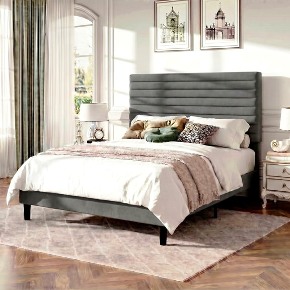 Amolife Queen Bed Frame, Velvet Upholstered Platform Bed with Adjustable Headboard, Mattress Foundation with Strong Wooden Slats, No Box Spring Needed, Light Gray