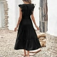 thumbnail image 4 of Women's Summer Dresses V Neck Ruffle Sleeve Tiered Long Dress Elastic Waist Solid Color A Line Swing Beach Sun Dress, 4 of 7