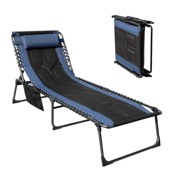 Vineego Outdoor Folding Chaise Lounge Chair, Portable Reclining Adjustable Metal Tanning Chair with Side Storage Bag for Beach Patio Pool, Blue