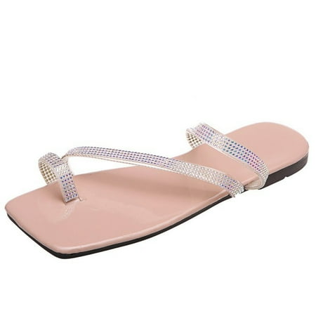 

Sentuca 2021 New Summer Women s Sandals Square Toe Flat-bottomed Rhinestone Slip-on
