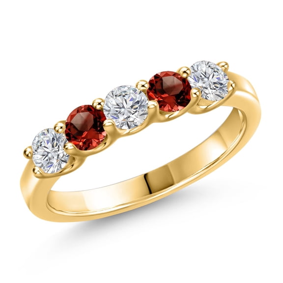 Gem Stone King 18K Yellow Gold Plated Silver Lab Grown Diamond and Red Garnet Wedding-Bands Ring for Women | 0.91 Cttw | Round 3.5MM | Gemstone April Birthstone | Size 6