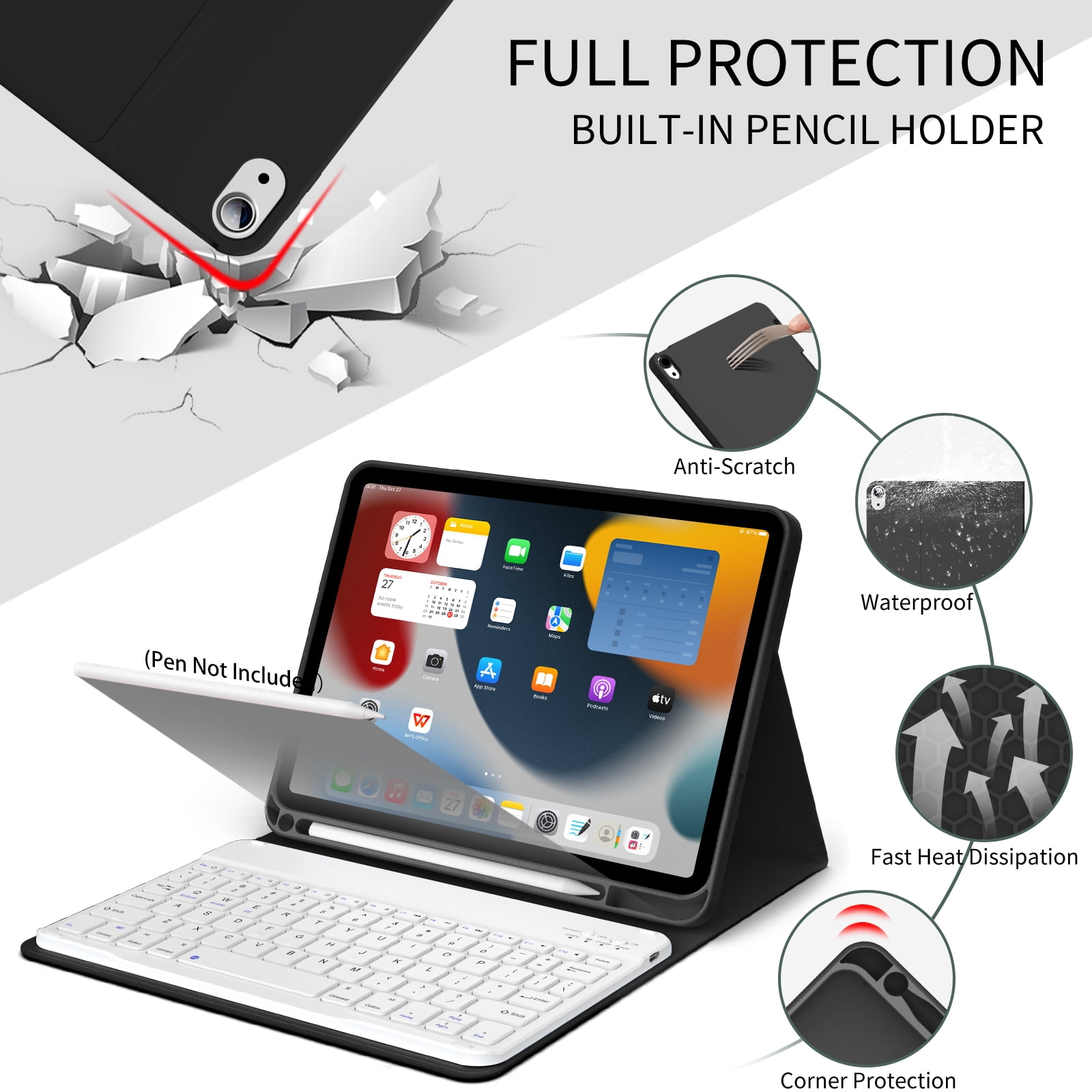 Aoub Keyboard Case for iPad 11th 10th Generation 2025 2022 A16 with Pencil Holder Magnetic Detachable Wireless Bluetooth Rechargeable Keyboard Cover for iPad 10th 10.9 inch/11th 11 inch, Black