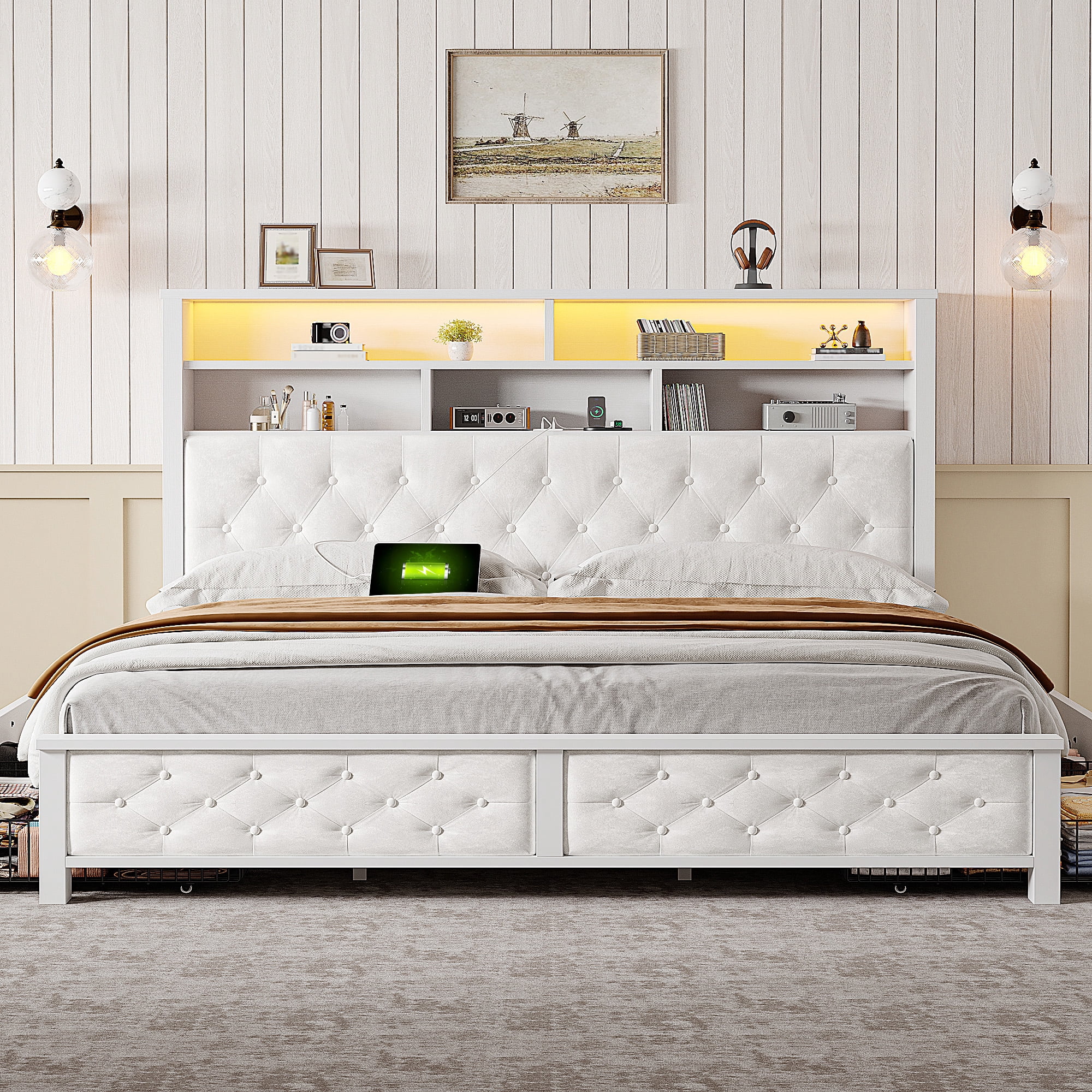 EnHomee King Bed Frame with 4 Storage Drawers Upholstered Platform Bed Frame with Headboard and Storage & Charge Station & LED Lights