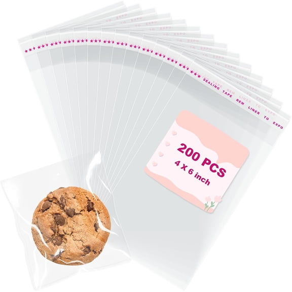 200 PCS Cookie Bags, 4x6 Inch Clear Cellophane Bags, Self Sealing Cellophane Treat Bag, Resealable Plastic Individual Wrappers Bag for Packaging Cookies, Gift Giving, Candy, Party Favors, Bakery
