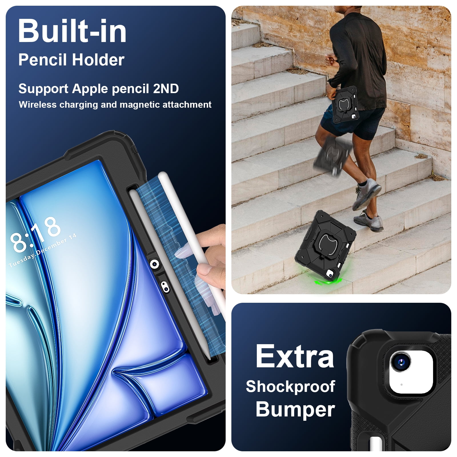 Dteck with Pencil Holder Case for iPad Air 13 inch 2025/2024,Heavy Duty Silicone Case 360 Degree Rotating Handle Stand Cover with Shoulder Strap for iPad Air 13-in. M3/M2,Black