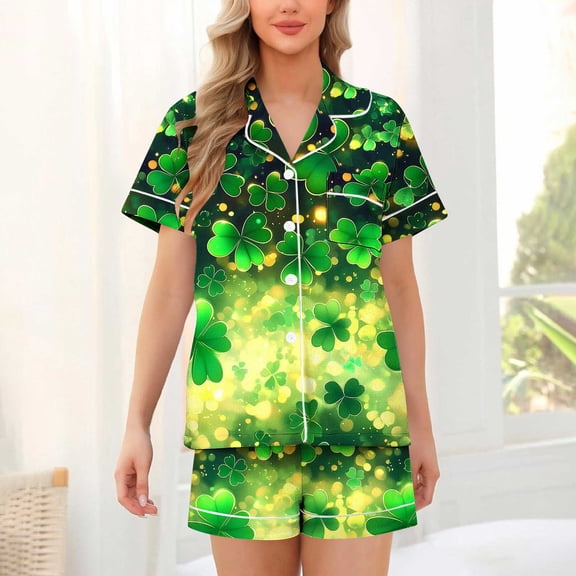 Feancey 2 Piece Lounge Set Women St Patrick's Day Comfy Pajama Sets Lucky Shamrock Printed Button Down Shirts and Shorts Sleepwear Outfits Green XXL