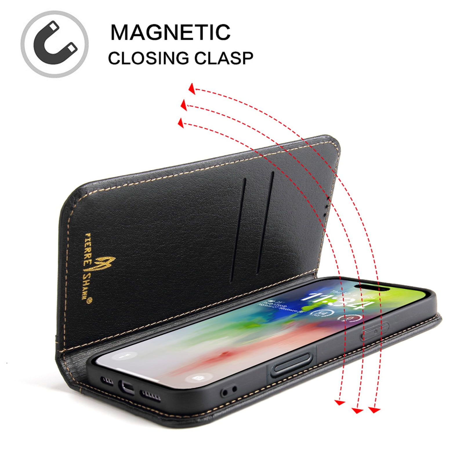 ShellTech for iPhone 16 Pro Leather Wallet Case,Luxury Genuine Vintage Leather [Slim and Durable] with Card Slot & Kickstand [Magnetic Closure] Flip Folio Case,Black