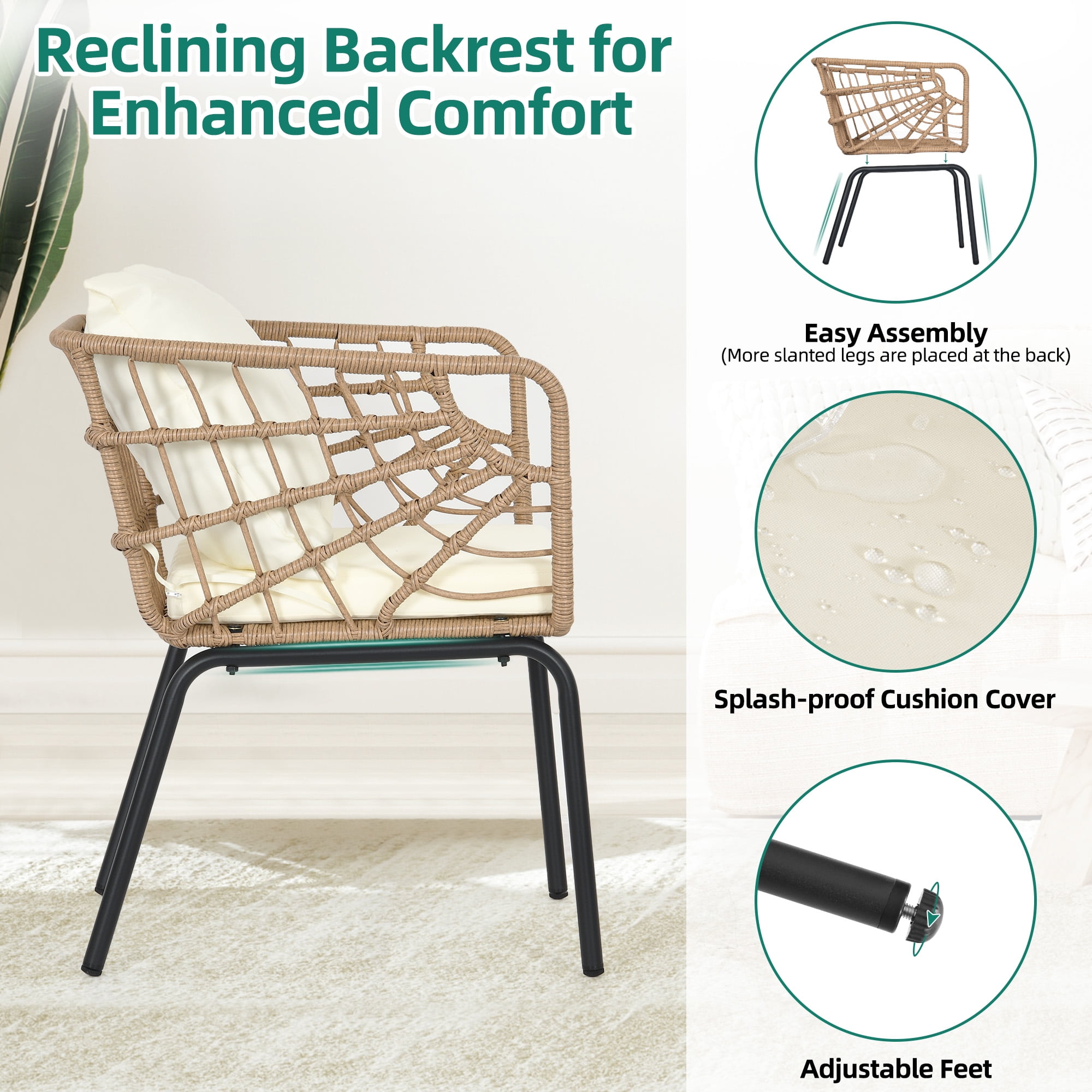 DEXTRUS 3-Piece Outdoor Patio Furniture Wicker Bistro Set With 2 Chairs and Coffee Table,Cushions and Lumbar Pillows for Porch, Backyard-Beige