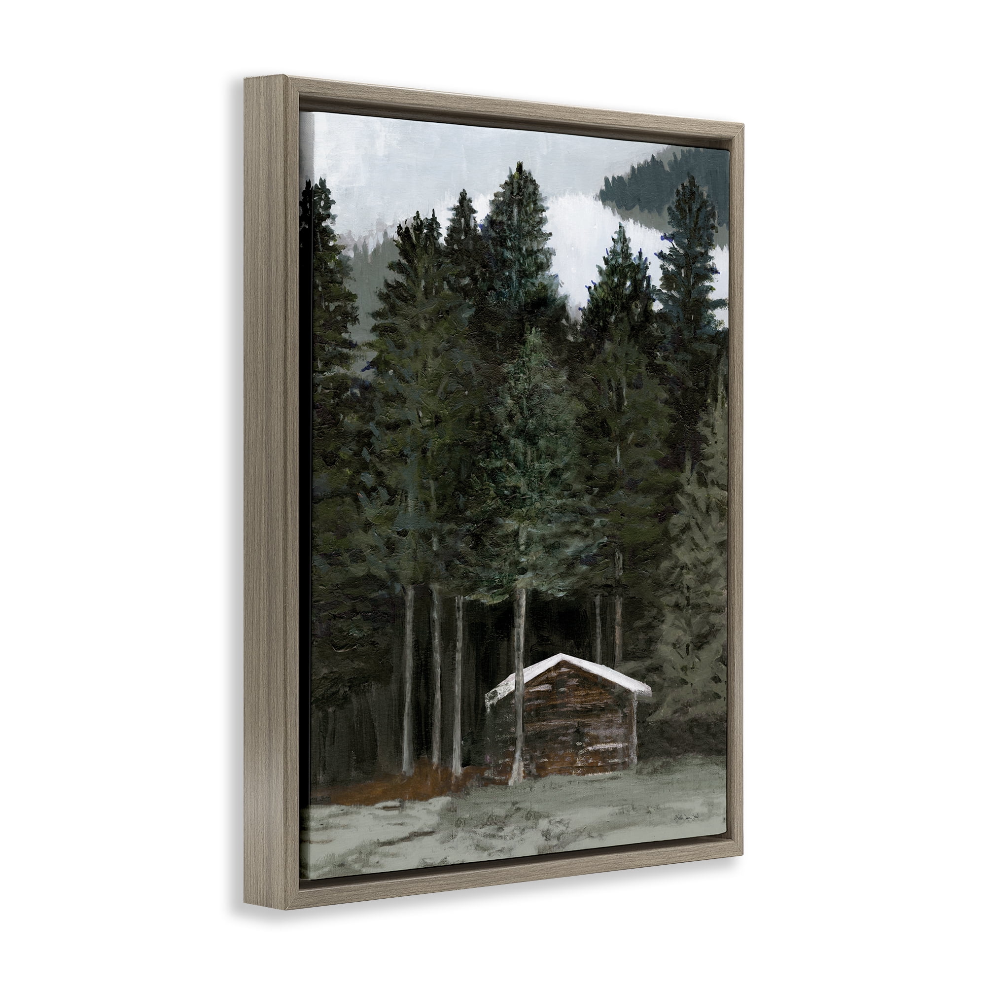 Stupell Industries Log Cabin Forest Thicket Landscape & Nature Painting Brown Floater Framed Canvas Art Print Wall Art, 17 x 21