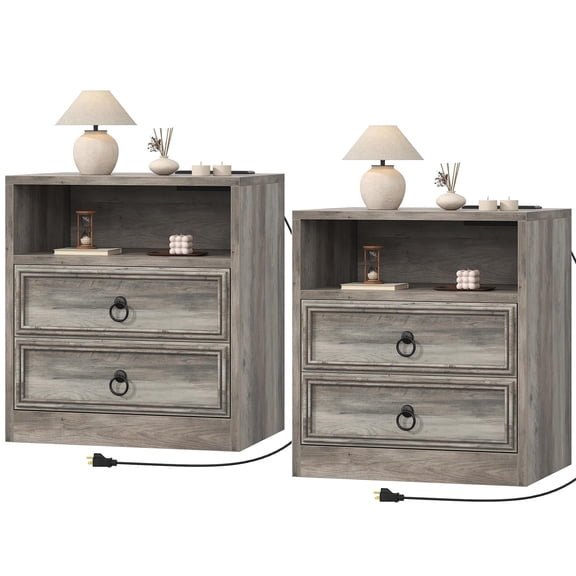 Frmobepts 2 Drawer Nightstand with Charging Station Set of 2, 21.7" Large Bedside Table Dresser for Bedroom, Living Room, Gray