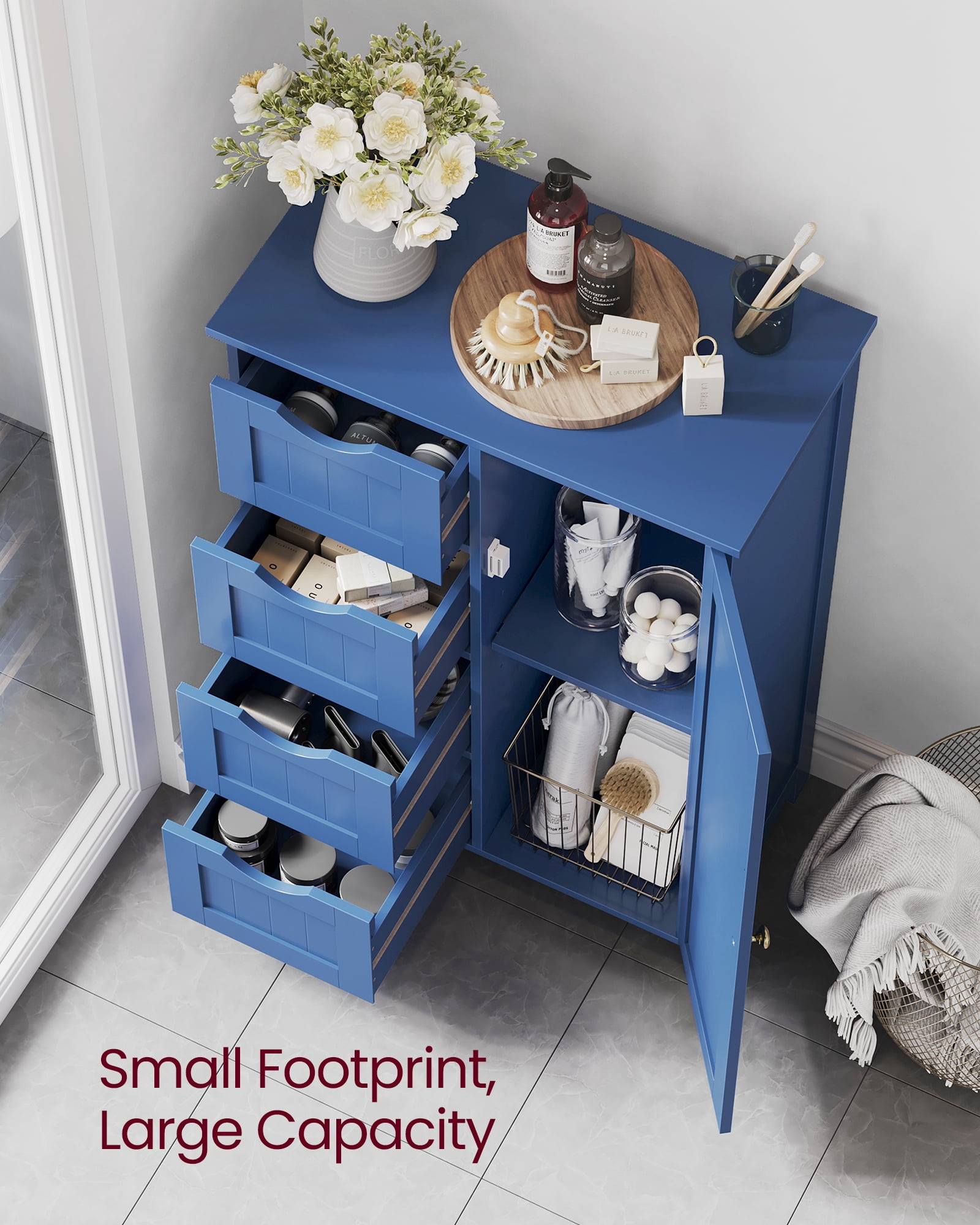 VASAGLE Storage Cabinet with Drawers, Freestanding Floor Cabinet with Door, 11.8 x 21.7 x 32.3 Inches, Adjustable Shelf, Bihou Blue