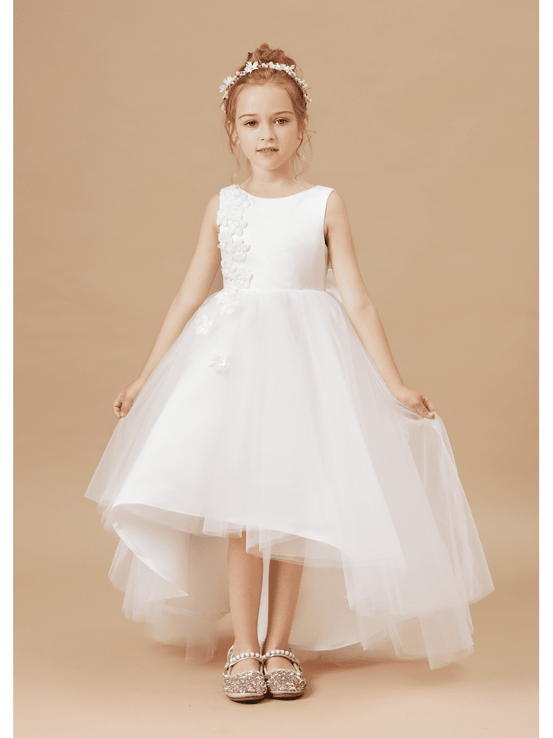 Asymmetric Flower Girl Dress with Detachable Beaded Waistband Scoop Neck Tulle Lace Princess Pageant Dress Birthday Party Dress for Girls Elegant Floral Design Special Occasion 14 -15Years
