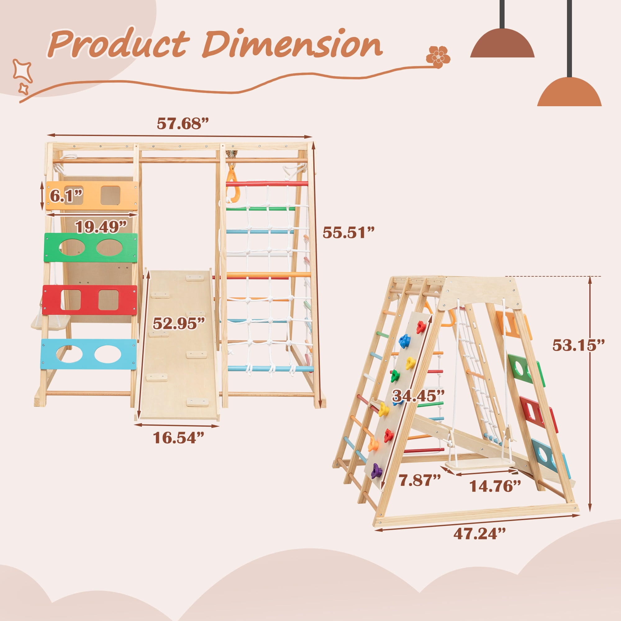 EUROCO 9-in-1 Wooden Jungle Gym for Toddlers, Indoor Montessori Climbing and Slide Set with Climbing Rock, Climbing Net, Swing, Gymnastics Rings