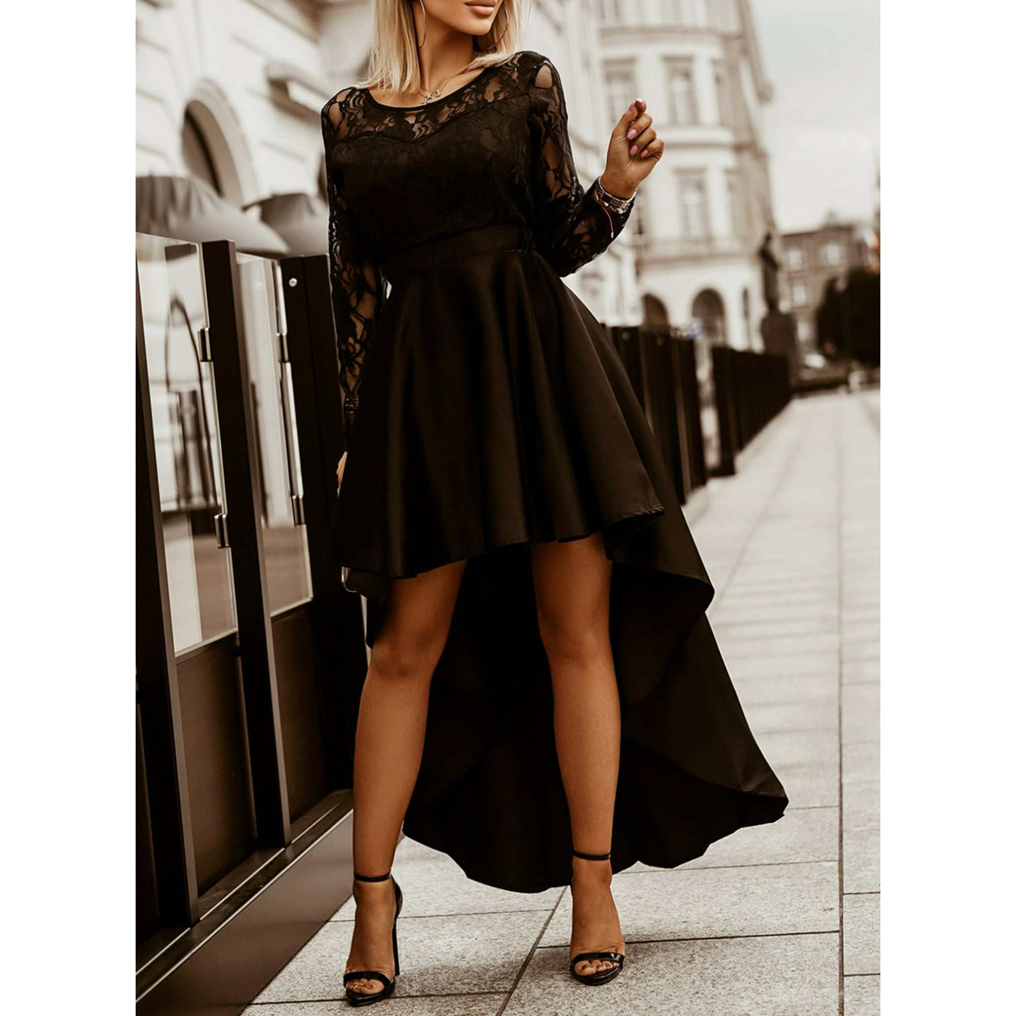 Womens Vintage Formal Cocktail Dresses Floral Lace Long Sleeve Crewneck High Low Hem A Line Swing Evening Prom Dress