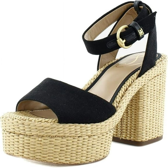 Sam Edelman Immie Black Linen Ankle Strap Open Toe Block Heeled Sandals (Black Linen, 8)