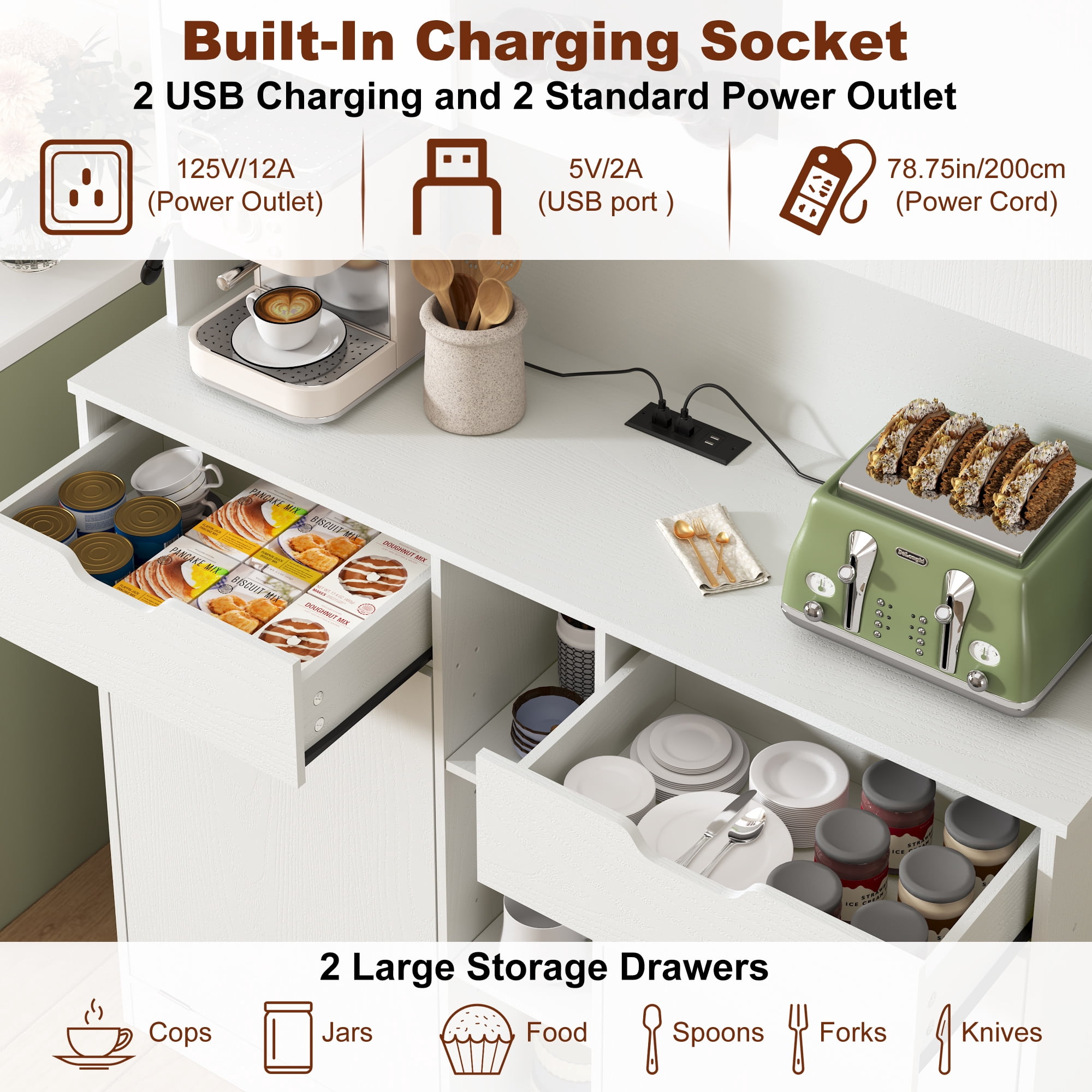 Blotout 71" Tall 46"Wide Kitchen Pantry Cabinet with Charging Station & Microwave Shelf, Farmhouse Kitchen Double Tilt Out Trash Cabinet 10X2 Gallon Garbage Holder with 2 Drawers Storage