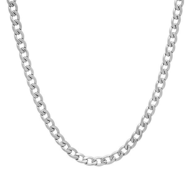 4mm High-Polished Stainless Steel Flat Cuban Link Curb Chain Necklace, 24  inches