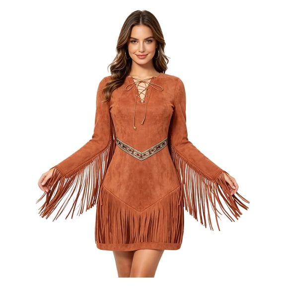 TiaoBug Women Western Cowgirl Fringe Long Sleeve Tassels Mini Dress Hippie 70s Party Outfit Brown S