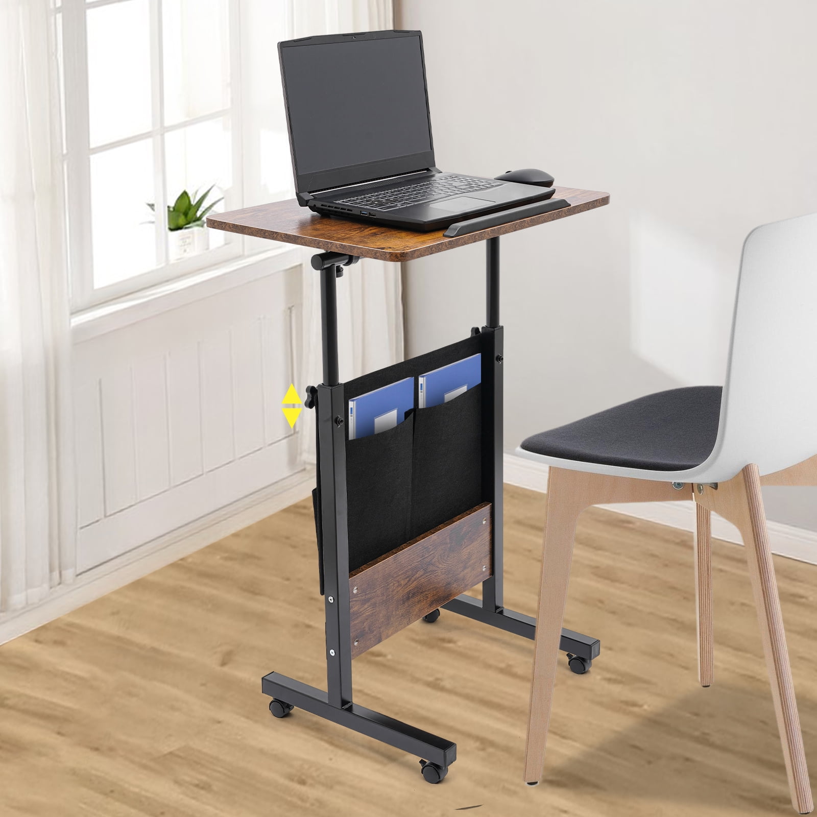 90° Adjustable Standing Desk Floor Mounted Brown&Black Portable Laptop Desk Rolling Computer Stand