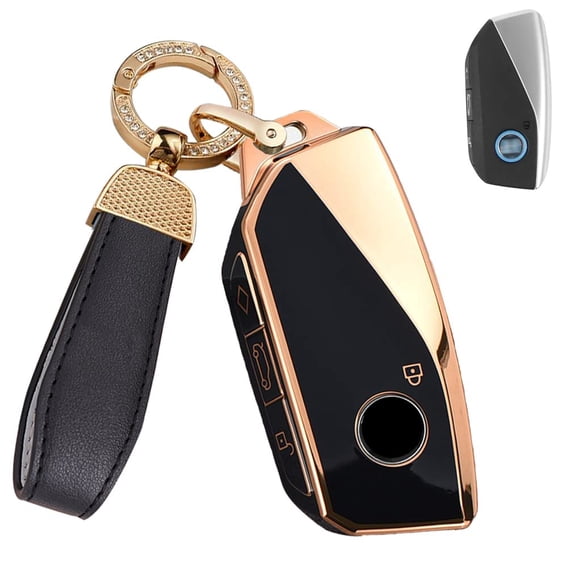 Golden-Edge 4 Button Smart Key Fob Cover for BMW I7 M Sport 2023 X7 X1 IX M5 7 Series 735Li 740 Keyless Full Coverd Key Case with Bling Leather Keychain