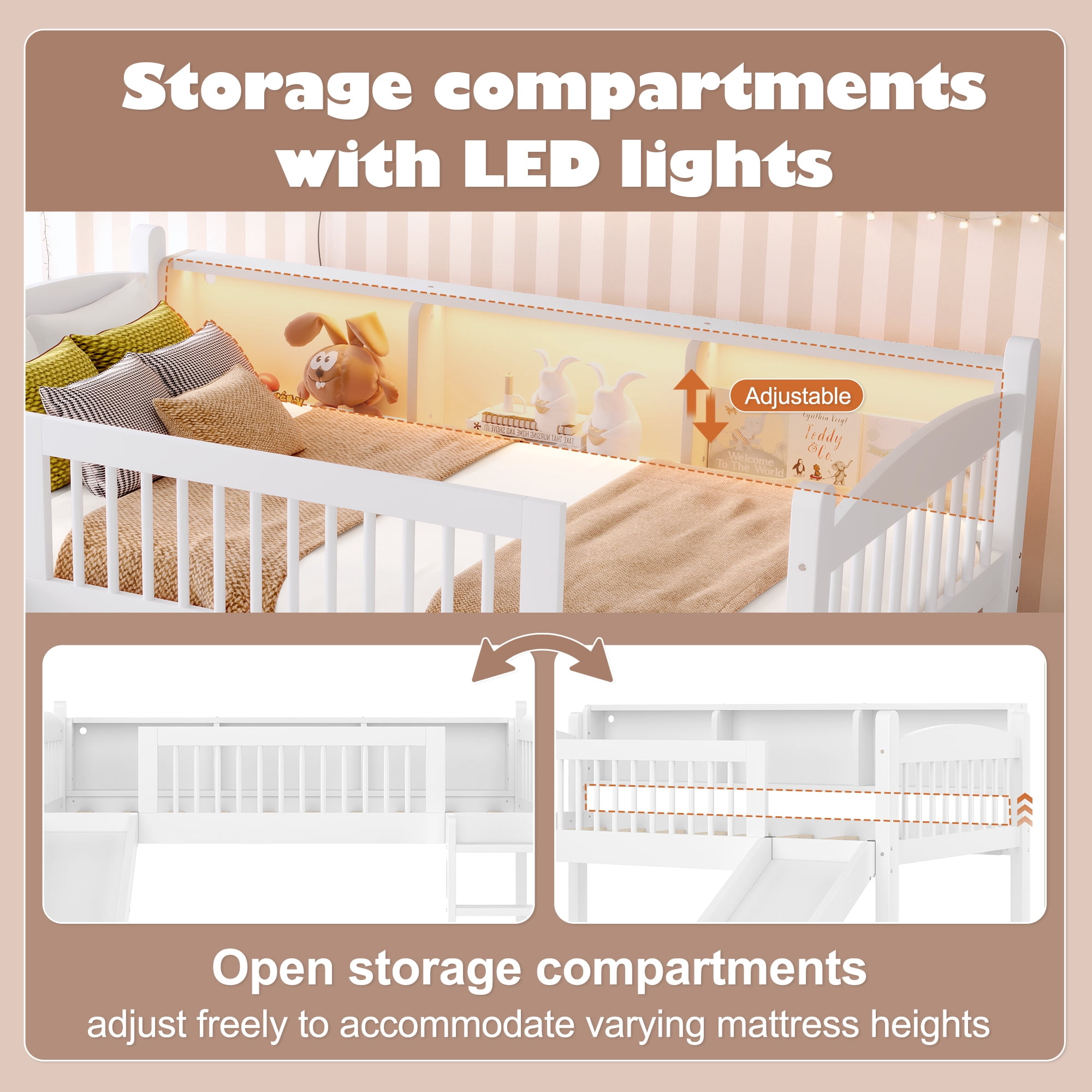 Leumius Twin Size Loft Bed with Slide,Solid Wood Loft Bed Frame with Storage Shelves,LED Lights and Full-length Guardrails,No Box Spring Needed,White