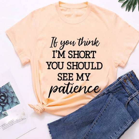 Sakmal Cute Tops for Women Beige Short Sleeve Quotes Crew Neck T-Shirts Ladies Shirts $5