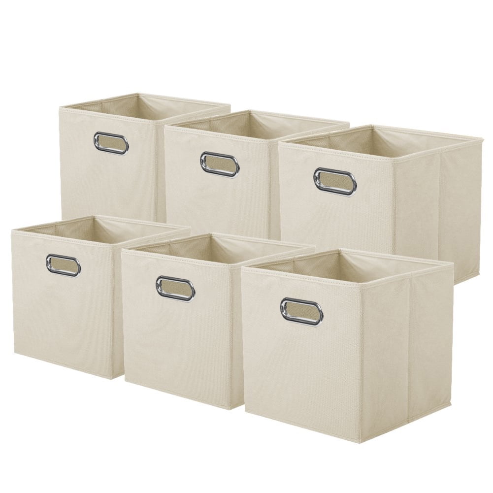 PinkSheep Collapsible Fabric Cube Storage Bins, 11" Storage Cubes Basket Organizer Bins with Handles for Closet, Beige, 6 Pack