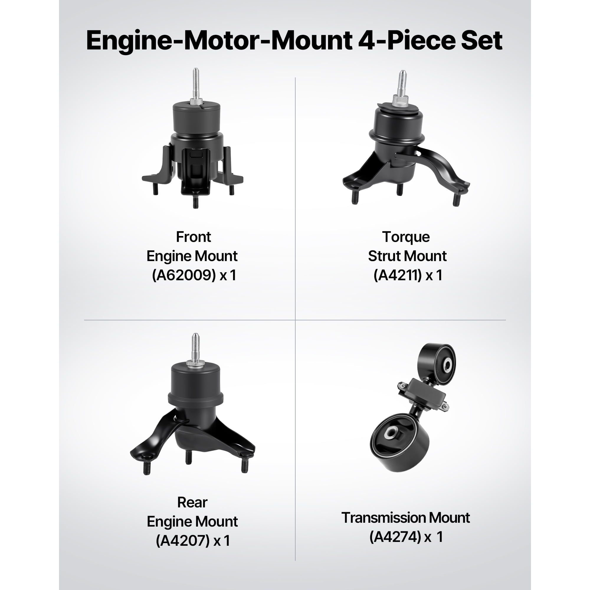 KFFKFF Engine and Transmission Motor Mount Kit Replacement, Set of 4, Compatible with 2007–2011 Toyota Camry 2.4L L4, Replace OE# A62009, A4207, A4211, A4274, Provides Stable Support