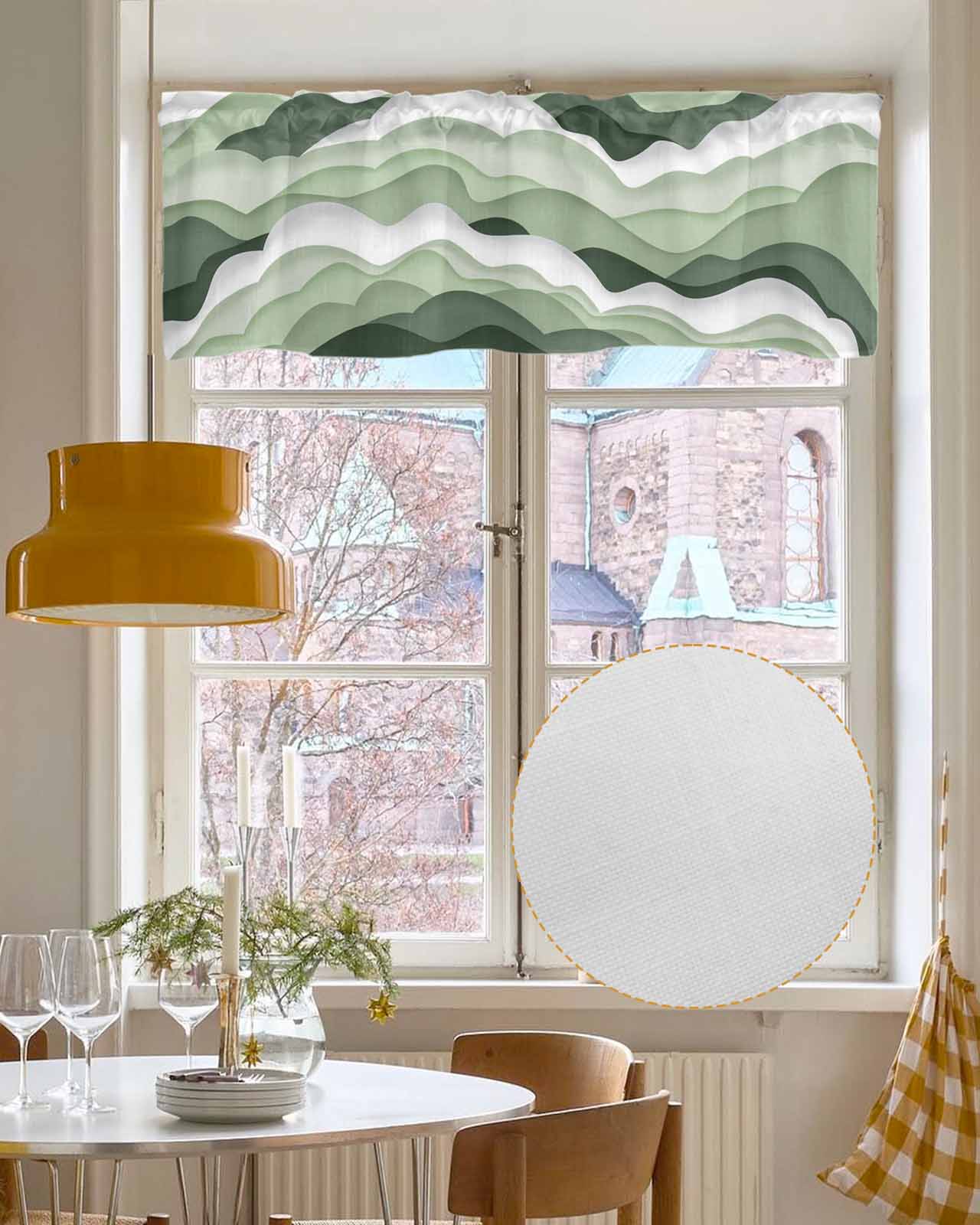 Sage Green Linen Curtain Valance for Bedroom/Bathroom/Kitchen/Office/Living/Dining Room Window,Coastal Ocean Geometric Abstract Wave White Pocket Topper Drapes Decorative Cafe Drapery Panel 54"x18"