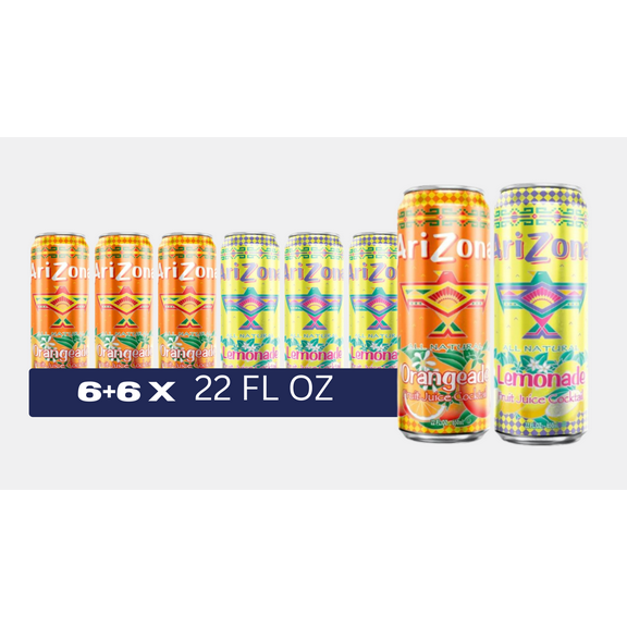 AriZona Orangeade & Lemonade Fruit Juice Cocktail Variety Pack, 22 fl oz Cans, 12 Count (6 Each Flavor)