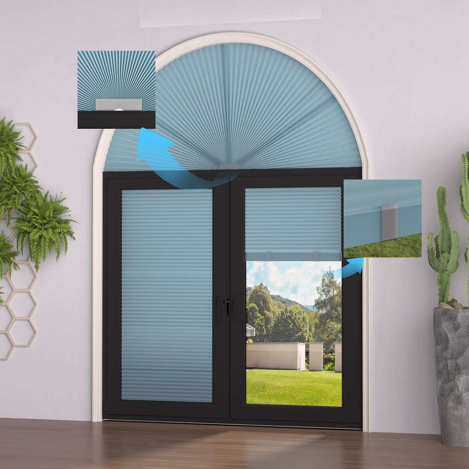 Arch Window Shades Half Circle Light Filtering Cellular Shades Cordless No Drill Blinds for Windows Half Moon Honeycomb Fabric No Tools Shades Easy Install (1PCS Blue 72" W X 36" H)