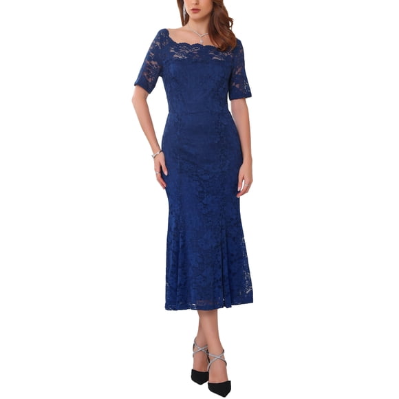 INSPIRE CHIC Vestido de cóctel para mujer con encaje, dobladillo de cola de pez, manga corta, ajustado, midi, azul oscuro, XL