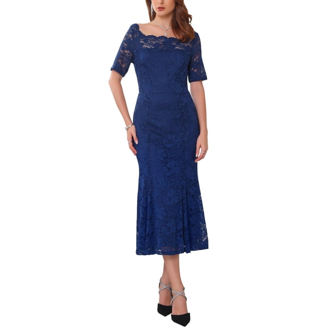 INSPIRE CHIC Vestido de cóctel para mujer con encaje, dobladillo de cola de pez, manga corta, ajustado, midi, azul oscuro, XL