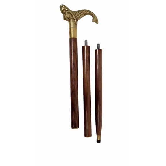 Global Antiques 38-inch Wood Walking Cane with Detachable Brass Mermaid Handle for Men, Women, Seniors, Vintage Wooden Walking Stick Gift