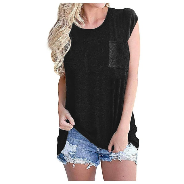 Hauts d'Été pour Femmes 2023 Mode Femmes Manches Courtes Col Rond Poches Hauts Décontractés T-shirt Blouse Hauts et Blouses d'Été pour Femmes en Liquidation