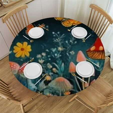 

Patifu Mushrooms Butterflies Field Round Tablecloth Stain-Resistant Washable 100% Polyester for Indoor Outdoor Restaurants Weddings Parties Picnic Dining Kitchen Farmhouse Waterproof 42 -46