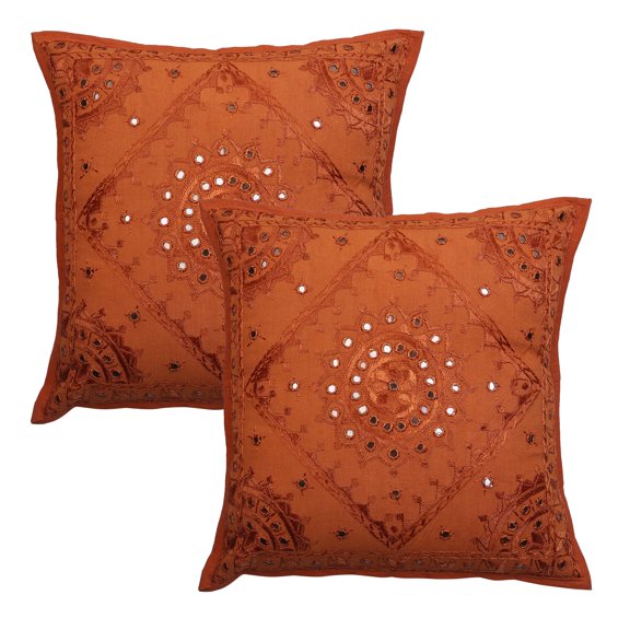Stylo Culture Indian Sofa Throw Pillow Covers 16 x 16 Hand Embroidered Brown Bohemian 40cm x 40cm Home Decor Cotton Mirrored Square Cushion Covers | Set Of 2