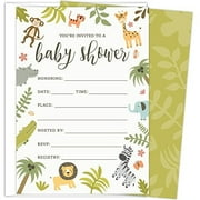 Safari Baby Shower Invitations Set of 25 Fill-In Style Cards and Envelopes. Jungle theme with Monkey, Giraffe, Elephant, Lion an