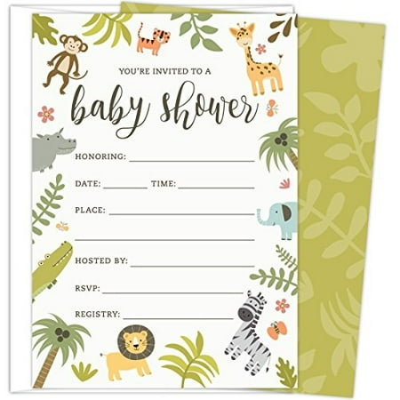 Safari Baby Shower Invitations Set of 25 Fill-In Style Cards and Envelopes. Jungle theme with Monkey, Giraffe, Elephant, Lion an