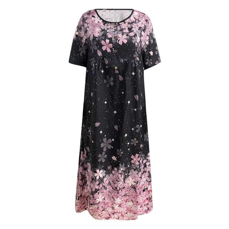 Aayomet Mother Of The Bride Dresses for Wedding Beach Sleeve Long Print Floral Button Short Neck Casual V Dress Pockets Dresses,Pink L